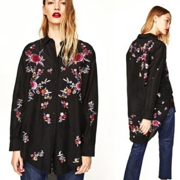 Zara Floral Embroidered Button Front Tunic Top Oversized XS Black Boho - Picture 2 of 9